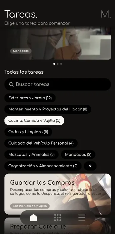 Catálogo de tareas de Minute con buscador y categorías